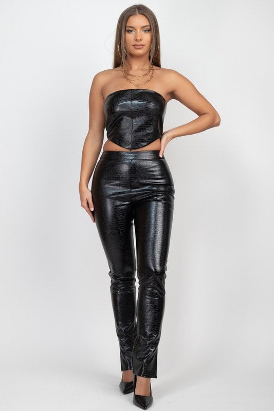 Salty Croc Leather Strapless Corset Top with Slim Leggings