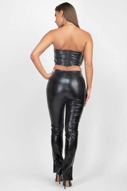 Salty Croc Leather Strapless Corset Top with Slim Leggings