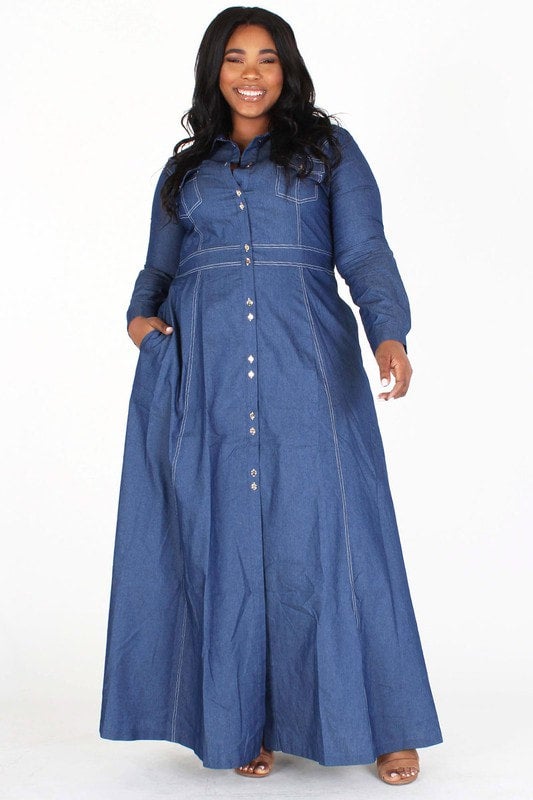Solid Daily Casual Pockets Maxi Dress | Long denim dress, Denim dress  outfit, Denim dress